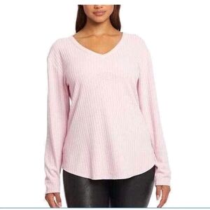 NWT Chaser Womens Waffle Knit Pink V-Neck Top Shirt Long Sleeve L